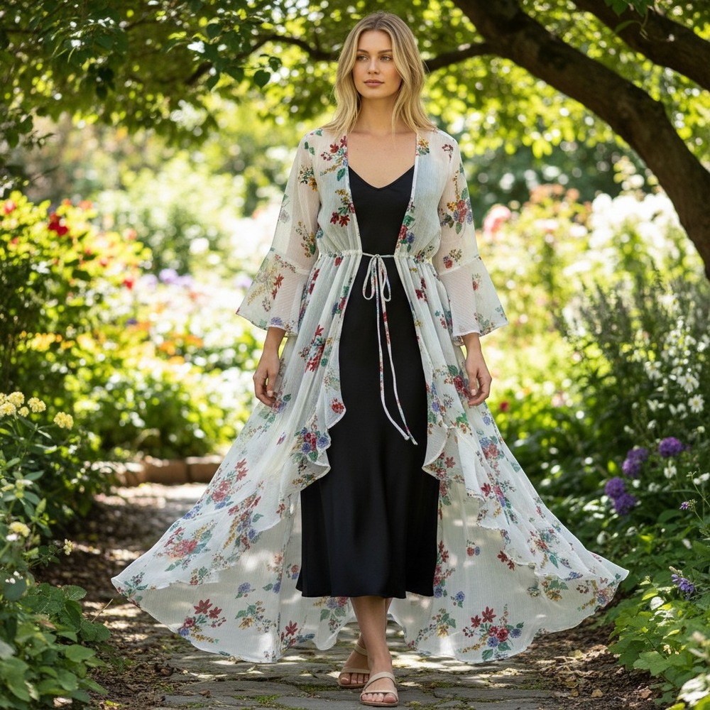 No Boundaries Ivory Floral Sheer Duster Cardigan Bell Sleeve Medium